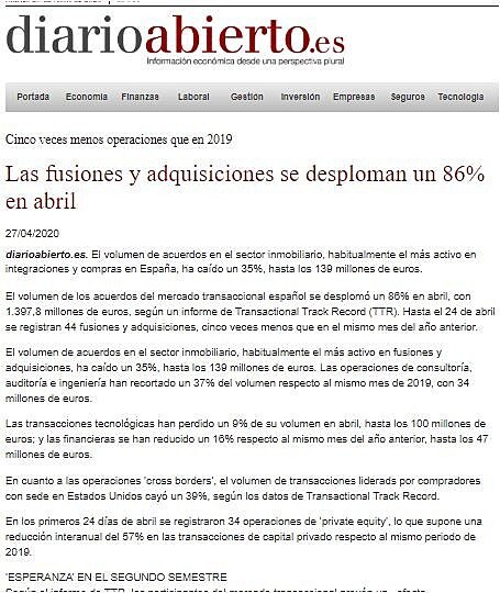 Las fusiones y adquisiciones se desploman un 86% en abril
